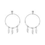 Boucles d'oreille en argent rhodi� anneau suspendu 28mm boules lisses et blanches pampille 3 plumes fermoir ...