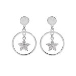 Boucles d'oreille en argent rhodi� anneau suspendu avec �toile d'oxydes blancs et fermoir poussette