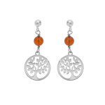 Boucles d'oreille en argent rhodi arbre de vie suspendu avec boule ambre vritable et fermoir poussette ...