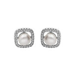 Boucles d'oreille en argent rhodi carr 10x10mm oxydes blancs avec perle de culture d'eau douce blanche ...