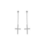 Boucles d'oreille en argent rhodi avec chanette et croix avec oxydes blancs sertis 17x10mm et fermoir ...