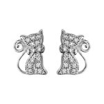Boucles d'oreilles en argent rhodi� chat orn� d'oxydes blancs sertis avec noeud papillon et fermoir poussette ...