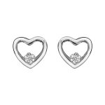 Boucles d'oreilles en argent rhodi� coeur ajour� avec oxyde blancs en forme de fleur et fermoir poussette ...