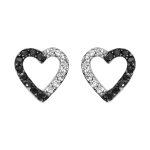 Boucles d'oreilles en argent rhodi� coeur �vid� avec oxydes blancs et noirs et fermoir poussette