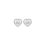Boucles d'oreille en argent rhodi coeur avec perle de culture d'eau douce blanche et oxydes blancs sertis ...