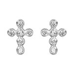 Boucles d'oreilles en argent rhodi croix avec oxydes blancs sertis clos et fermoir poussette