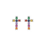 Boucles d'oreille en argent rhodi croix pierres multi couleurs et fermoir poussette