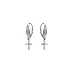 Boucles d'oreille en argent rhodi� avec croix suspendue avec oxydes blancs