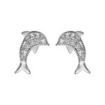 Boucles d'oreilles en argent rhodi dauphin orn d'oxydes blancs sertis et fermoir poussette
