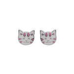 Boucles d'oreille en argent rhodi enfant tte de chat blanche et rose avec fermoir poussette