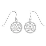 Boucles d'oreille en argent rhodi fleur de lotus dans cercle oxydes blancs et fermoir crochet