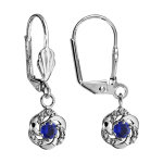 Boucles d'oreilles en argent rhodi� fleur suspendue avec oxyde bleu fonc� et fermoir dormeuse