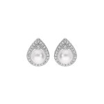 Boucles d'oreille en argent rhodi forme goutte pave d'oxydes blancs avec perle de culture d'eau douce ...