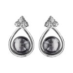 Boucles d'oreilles en argent rhodi goutte en fil avec perle grise et fermoir poussette