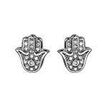 Boucles d'oreilles en argent rhodi� main de fatma orn�e d'oxydes blancs et fermoir poussette