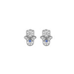 Boucles d'oreille en argent rhodi� main de fatma pav�e d'oxydes blancs et bleu sertis et fermoir poussette ...