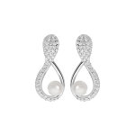 Boucles d'oreille en argent rhodi motif infini pav d'oxydes blancs et perle de culture d'eau douce ...