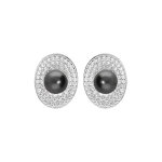 Boucles d'oreille en argent rhodi ovale pav d'oxydes blancs sertis et perle noire de tahiti vritable ...