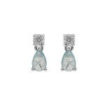 Boucles d'oreille en argent rhodi� oxyde rond blanc serti et goutte bleu ciel avec fermoir poussette