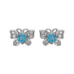 Boucles d'oreilles en argent rhodi� papillon orn� d'oxydes blancs et gros oxyde bleu ciel serti et fermoir ...