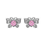 Boucles d'oreilles en argent rhodi� papillon orn� d'oxydes blancs et gros oxyde rose serti et fermoir ...