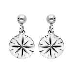 Boucles d'oreille en argent rhodi� pastille �toile diamant�e suspendue et fermoir poussette