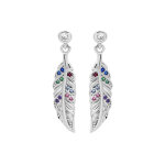 Boucles d'oreille en argent rhodi pendante avec plume et oxydes multi couleurs et fermoir poussette