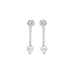 Boucles d'oreille en argent rhodi� perle blanche de synth�se suspendue avec oxyde blanc serti et fermoir ...