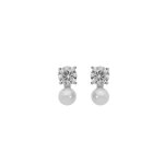 Boucles d'oreille en argent rhodi� perle de culture d'eau douce blanche 4mm et oxyde blanc serti avec ...