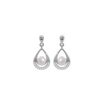 Boucles d'oreille en argent rhodi perle de culture d'eau douce blanche suspendue dans goutte et oxydes ...