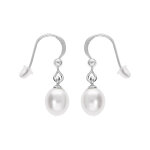 Boucles d'oreille en argent rhodi avec perle de culture d'eau douce goutte blanche 8mm suspendue et ...