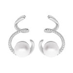 Boucles d'oreille en argent rhodi spirale avec perle de culture d'eau douce blanche 8mm et oxydes blancs ...