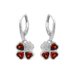 Boucles d'oreille en argent rhodi� tr�fle et coeur avec oxydes rouges et fermoir dormeuse