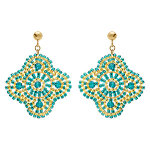 Boucles d'oreille boh�me en acier dor� forme fleur couleur turquoise