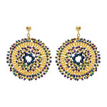 Boucles d'oreille boh�me en acier dor� de forme ronde perles bleues et dor�es - 45mm