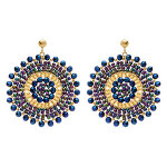 Boucles d'oreille boh�me en acier dor� rond perles bleues et dor�es - 45mm