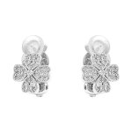 Boucles d'oreille clip en laiton placage palladium tr�fle a quatre feuilles par� d'oxydes blancs sertis ...