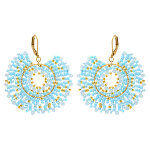 Boucles d'oreille cr�oles boh�me en acier dor� perles bleu ciel et dor�es
