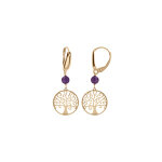 Boucles d'oreille dormeuse argent dor� jaune arbre de vie 15mm et boule jade violette v�ritable