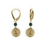 Boucles d'oreille dormeuse argent dor� jaune cercle diamant� avec 1 boule malachite v�ritable