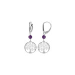 Boucles d'oreille dormeuse argent rhodi� arbre de vie 15mm et boule jade violette v�ritable