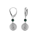 Boucles d'oreille dormeuse argent rhodi� cercle diamant� avec 1 boule malachite v�ritable