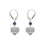 Boucles d'oreille dormeuse argent rhodi� coeur martel� avec 1 boule jade violette v�ritable