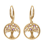 Boucles d'oreille dormeuse en vermeil arbre de vie contour perl� avec oxydes violets
