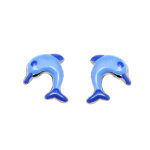 Boucles d'oreilles enfant en argent dauphin bleu et fermoir poussette
