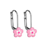 Boucles d'oreilles pour enfant en argent rhodi� fleur rose et fermoir dormeuse