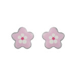 Boucles d'oreilles pour enfant en argent rhodi� petite fleur rose et fermoir poussette