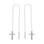 Boucles d'oreille passante en argent rhodi avec chanette et croix lisse