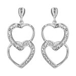 Boucles d'oreilles pendantes en argent rhodi� 2 coeurs suspendus entrem�l�s et fermoir poussette