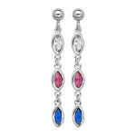 Boucles d'oreille pendantes en argent rhodié 3 oxydes bleu rose blanc et fermoir poussette Boucles d'oreille pendantes en argent rhodié 3 oxydes bleu rose blanc et fermoir poussette